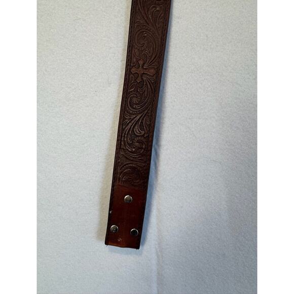 Nocona Mens Western Belt Leather Tooled Small Brown Cross Scroll‎ No Buckle - Picture 4 of 10